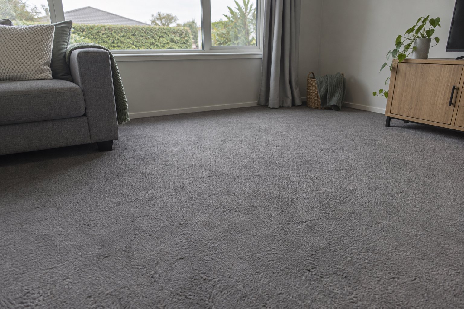 Fictional Wellington rental lounge with a sofa, window and clean gray carpet