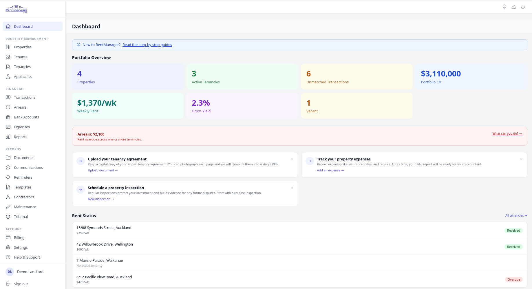 RentManager dashboard showing portfolio overview, rent tracking, arrears alerts, and property status